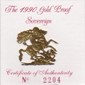 1990 gold proof sovereign coin featuring queen Elizabeth II on the Obverse & St George and the Dragon Reverse. This coin comes as issued by the royal mint.