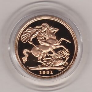 1991 gold proof sovereign coin featuring queen Elizabeth II on the Obverse & St George and the Dragon Reverse. This coin comes as issued by the royal mint.