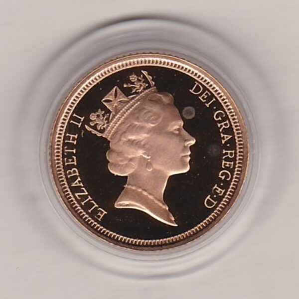 1994 gold proof half sovereign coin in capsule. This coin features Queen Elizabeth II on the obverse and St George and the dragon on the Reverse.