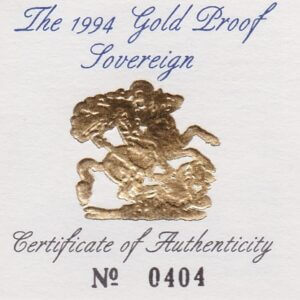 1994 gold proof sovereign coin featuring queen Elizabeth II on the Obverse & St George and the Dragon Reverse. This coin comes as issued by the royal mint.