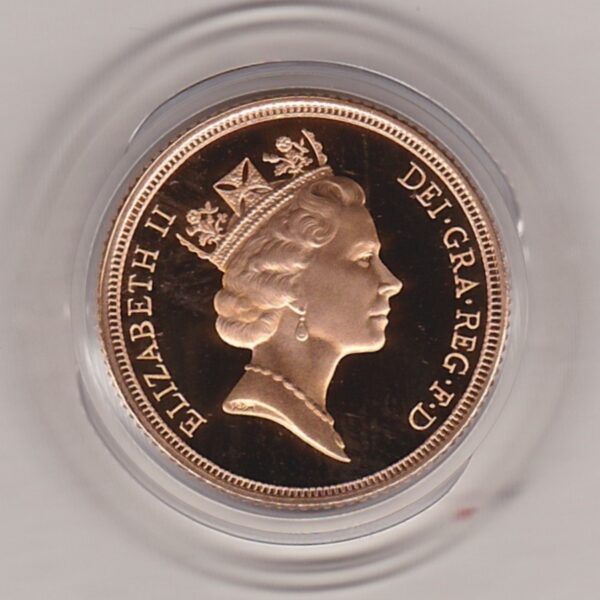 1994 gold proof sovereign coin featuring queen Elizabeth II on the Obverse & St George and the Dragon Reverse. This coin comes as issued by the royal mint.