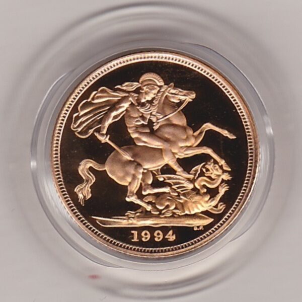 1994 gold proof sovereign coin featuring queen Elizabeth II on the Obverse & St George and the Dragon Reverse. This coin comes as issued by the royal mint.