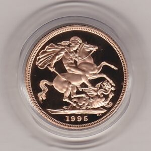 1995 gold proof sovereign coin featuring queen Elizabeth II on the Obverse & St George and the Dragon Reverse. This coin comes as issued by the royal mint.