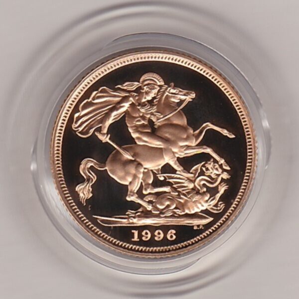 1996 gold proof sovereign coin featuring queen Elizabeth II on the Obverse & St George and the Dragon Reverse. This coin comes as issued by the royal mint.