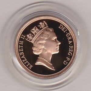 1997 gold proof sovereign coin featuring queen Elizabeth II on the Obverse & St George and the Dragon Reverse. This coin comes as issued by the royal mint.