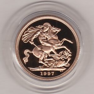 1997 gold proof sovereign coin featuring queen Elizabeth II on the Obverse & St George and the Dragon Reverse. This coin comes as issued by the royal mint.