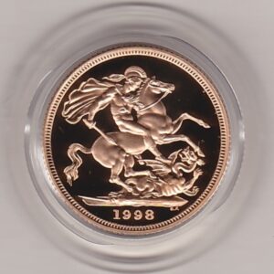 1998 gold proof sovereign coin featuring queen Elizabeth II on the Obverse & St George and the Dragon Reverse. This coin comes as issued by the royal mint.