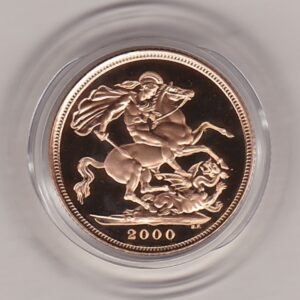 2000 gold proof sovereign coin featuring queen Elizabeth II on the Obverse & St George and the Dragon Reverse. This coin comes as issued by the royal mint.