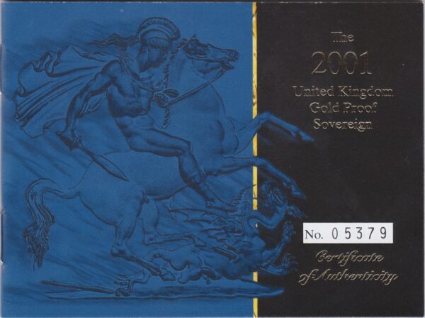 2001 gold proof sovereign coin featuring queen Elizabeth II on the Obverse & St George and the Dragon Reverse. This coin comes as issued by the royal mint.