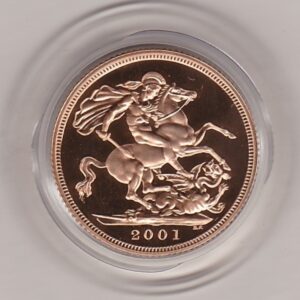 2001 gold proof sovereign coin featuring queen Elizabeth II on the Obverse & St George and the Dragon Reverse. This coin comes as issued by the royal mint.