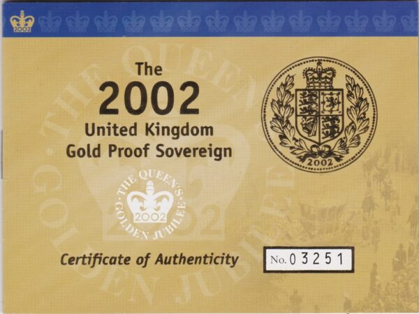 2002 gold proof sovereign coin featuring queen Elizabeth II on the Obverse & St George and the Dragon Reverse. This coin comes as issued by the royal mint.