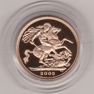 2003 gold proof sovereign coin featuring queen Elizabeth II on the Obverse & St George and the Dragon Reverse. This coin comes as issued by the royal mint.