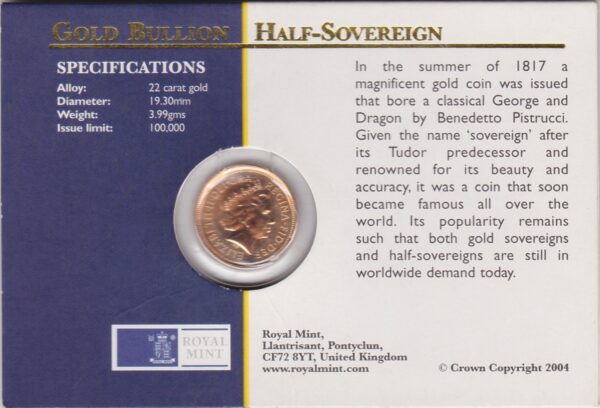 2004 Gold Half Sovereign coin featuring the fourth portrait of Queen Elizabeth II on the Obverse. St George and the dragon on the Reverse.