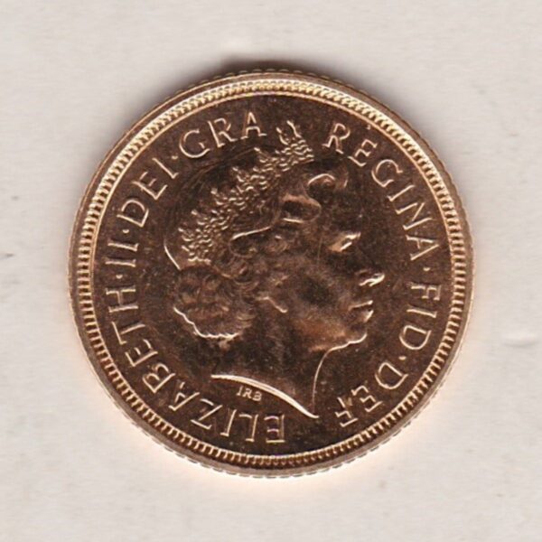 2005 Gold Half Sovereign coin featuring the fourth portrait of Queen Elizabeth II on the Obverse. The modernised St George and the dragon on the Reverse.