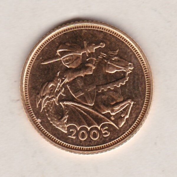 2005 Gold Half Sovereign coin featuring the fourth portrait of Queen Elizabeth II on the Obverse. The modernised St George and the dragon on the Reverse.