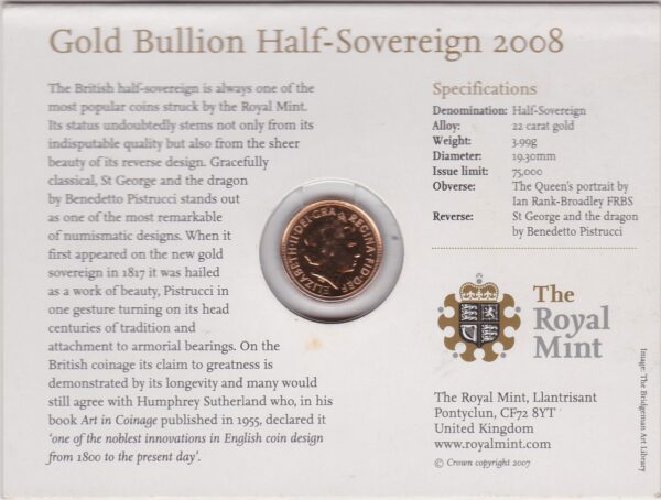 2008 Gold Half Sovereign coin featuring the fourth portrait of Queen Elizabeth II on the Obverse. St George and the dragon on the Reverse.