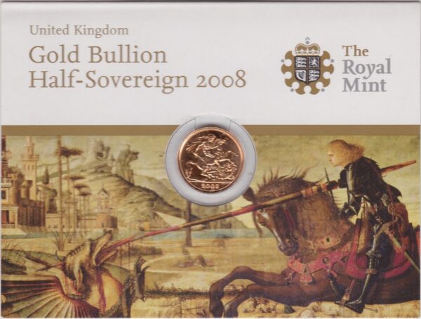 2008 Gold Half Sovereign coin featuring the fourth portrait of Queen Elizabeth II on the Obverse. St George and the dragon on the Reverse.