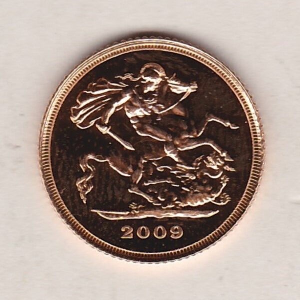 2009 Gold Half Sovereign coin featuring the fourth portrait of Queen Elizabeth II on the Obverse. St George and the dragon on the Reverse.