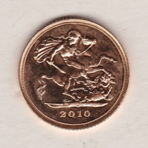 2010 Gold Half Sovereign coin featuring the fourth portrait of Queen Elizabeth II on the Obverse. St George and the dragon on the Reverse.