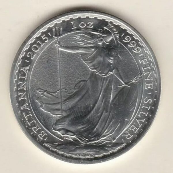 2015 Silver Britannia One Ounce Coin. The coin contains one ounce of 999 fine silver. All of our silver coins have been pre-owned and are in stock.