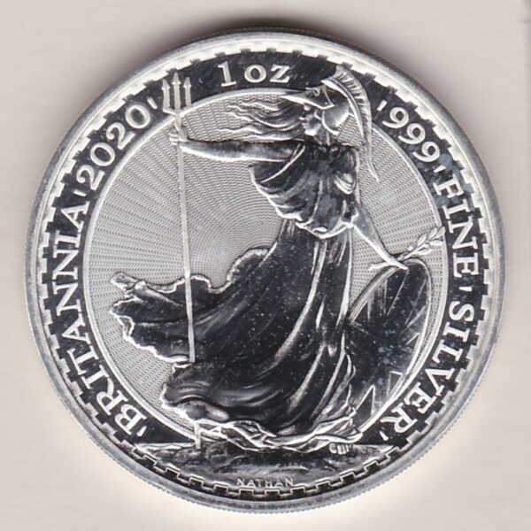 2020 Silver Britannia One Ounce Coin. The coin contains one ounce of 999 fine silver. All of our silver coins have been pre-owned and are in stock.