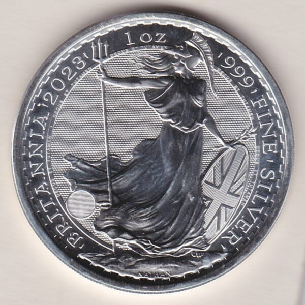 2023 Silver Britannia One Ounce Coin. The portrait of King Charles III is on the obverse. The coin contains one ounce of 999 fine silver.