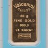 Fifty Gram Gold Bar from Valcambi Suisse. This bar contains 50 grams of 999.9 fine gold and comes presented in a sealed plastic credit card sized packet.