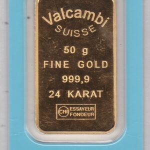 Fifty Gram Gold Bar from Valcambi Suisse. This bar contains 50 grams of 999.9 fine gold and comes presented in a sealed plastic credit card sized packet.