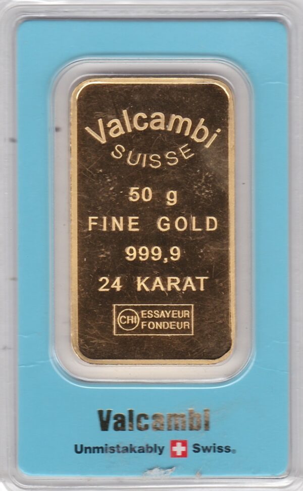 Fifty Gram Gold Bar from Valcambi Suisse. This bar contains 50 grams of 999.9 fine gold and comes presented in a sealed plastic credit card sized packet.