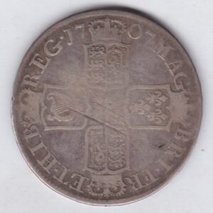 1707 E Silver Halfcrown coin with Queen Anne on the Obverse. Crowned cruciform shields with central Garter stars on the Reverse.