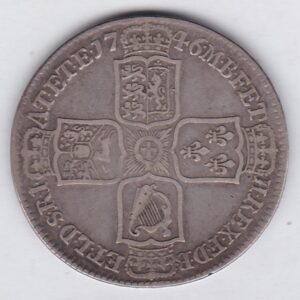 1746 Lima Silver Halfcrown coin with King George II on the Obverse. Crowned cruciform shields with central Garter stars on the Reverse.