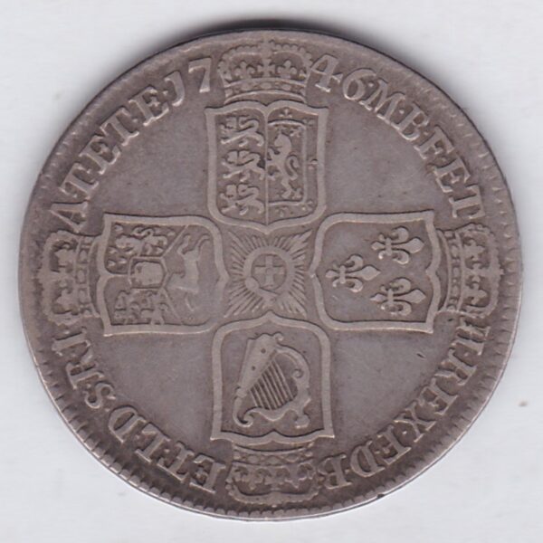 1746 Lima Silver Halfcrown coin with King George II on the Obverse. Crowned cruciform shields with central Garter stars on the Reverse.