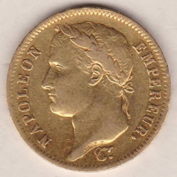 1812 A France Gold Forty Francs coin features the bust of Napoleon facing left on the obverse. The value of 40 Francs within a wreath on the Reverse.