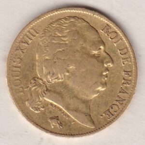 1818 A France Gold Twenty Francs coin featuring the portrait of Louis XVIII on the Obverse. The crowned shield of France on the Reverse.