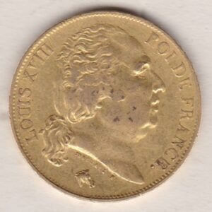 1818 W France Gold Twenty Francs coin featuring the portrait of Louis XVIII on the Obverse. The crowned shield of France on the Reverse.
