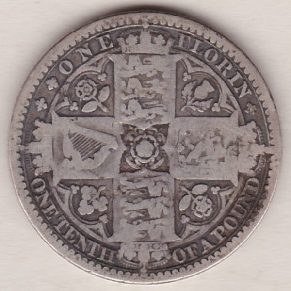 1849 Silver Godless Florin coin has a crowned bust of Queen Victoria on the Obverse. The Reverse has the cruciform shields of England, Ireland & Scotland.