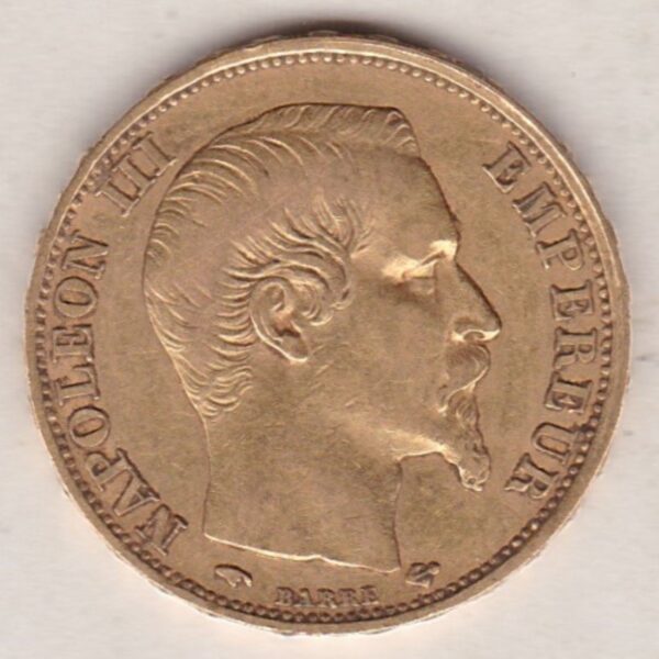 1859 A France Gold Twenty Francs coin featuring Napoleon III on the Obverse. The reverse has the denomination above the date within a wreath.