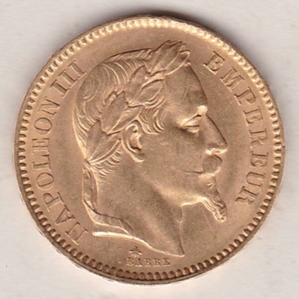 1866 A France Gold Twenty Francs coins featuring Napoleon III on the Obverse. The imperial symbols, date and mint mark on the Reverse.