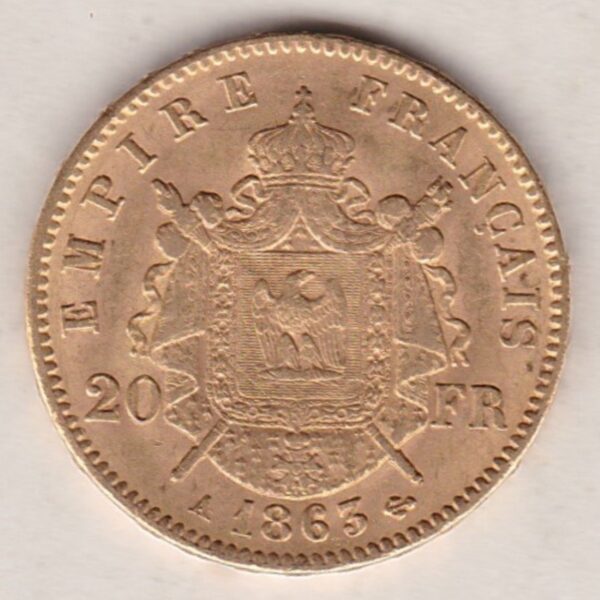 1866 A France Gold Twenty Francs coins featuring Napoleon III on the Obverse. The imperial symbols, date and mint mark on the Reverse.