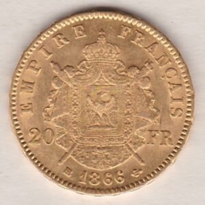 1866 BB France Gold Twenty Francs coins featuring Napoleon III on the Obverse. The imperial symbols, date and mint mark on the Reverse.