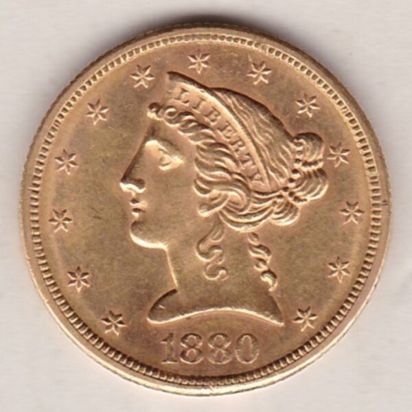 1880 S USA Five Dollars coin featuring S San Francisco mint mark, the Coronet head design on the Obverse. The eagle on the Reverse.