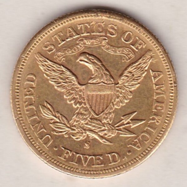 1880 S USA Five Dollars coin featuring S San Francisco mint mark, the Coronet head design on the Obverse. The eagle on the Reverse.