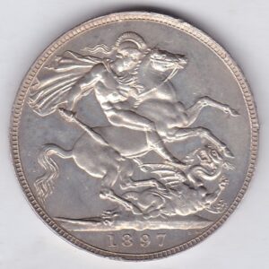 1897 LX silver crown Silver Crown Coin featuring Queen Victoria old head or vailed head on the Obverse and the St George & dragon design on the reverse.