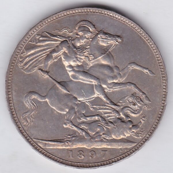 1897 LXI silver crown Silver Crown Coin featuring Queen Victoria old head or vailed head on the Obverse and the St George & dragon design on the reverse.