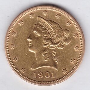 1901 USA Ten Dollars coin featuring the bust of Liberty surrounded by 13 stars on the Obverse and the eagle on an olive branch on the Reverse.