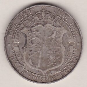 1902 Silver Halfcrown coin featuring king Edward VII on the Obverse. The Reverse features a crowned quartered shield of arms.