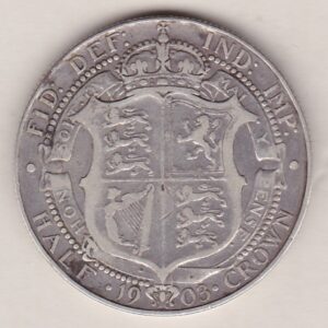 1903 Silver Halfcrown coin featuring king Edward VII on the Obverse. The Reverse features a crowned quartered shield of arms.