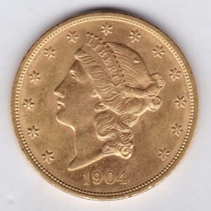 1904 USA Twenty Dollars coin featuring the Lady Liberty on the Obverse. The eagle with a shield on its chest completes the Reverse.