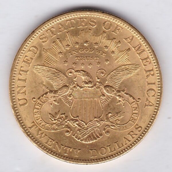 1904 USA Twenty Dollars coin featuring the Lady Liberty on the Obverse. The eagle with a shield on its chest completes the Reverse.