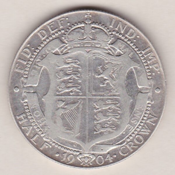 1904 Silver Halfcrown coin featuring king Edward VII on the Obverse. The Reverse features a crowned quartered shield of arms.